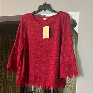 Red Lace Trim Bell Sleeve Top